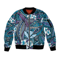 Personalised Hawaii Tribal Humpback Whale Sleeve Zip Bomber Jacket Polu Hibiscus Seamless Pattern