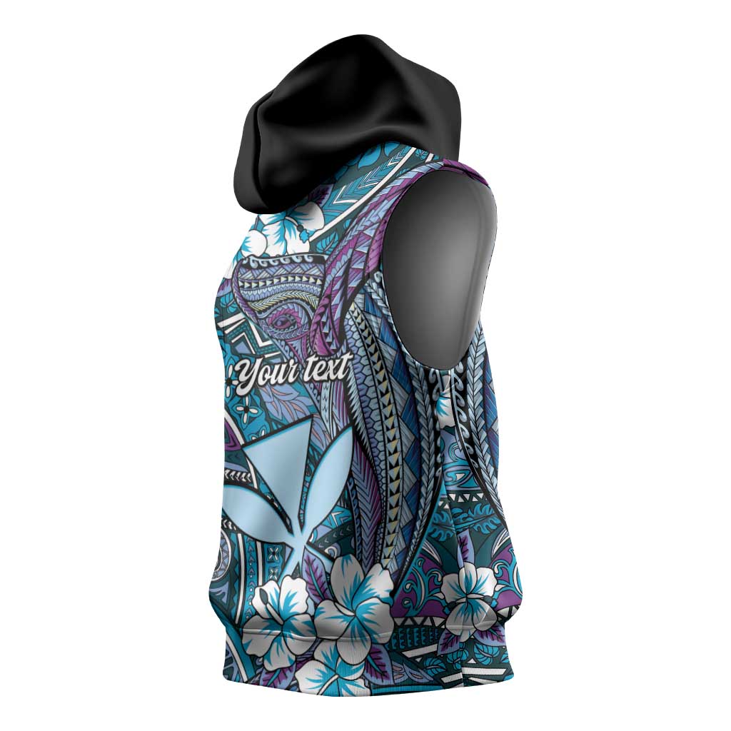 Personalised Hawaii Tribal Humpback Whale Sleeveless Hoodie Polu Hibiscus Seamless Pattern