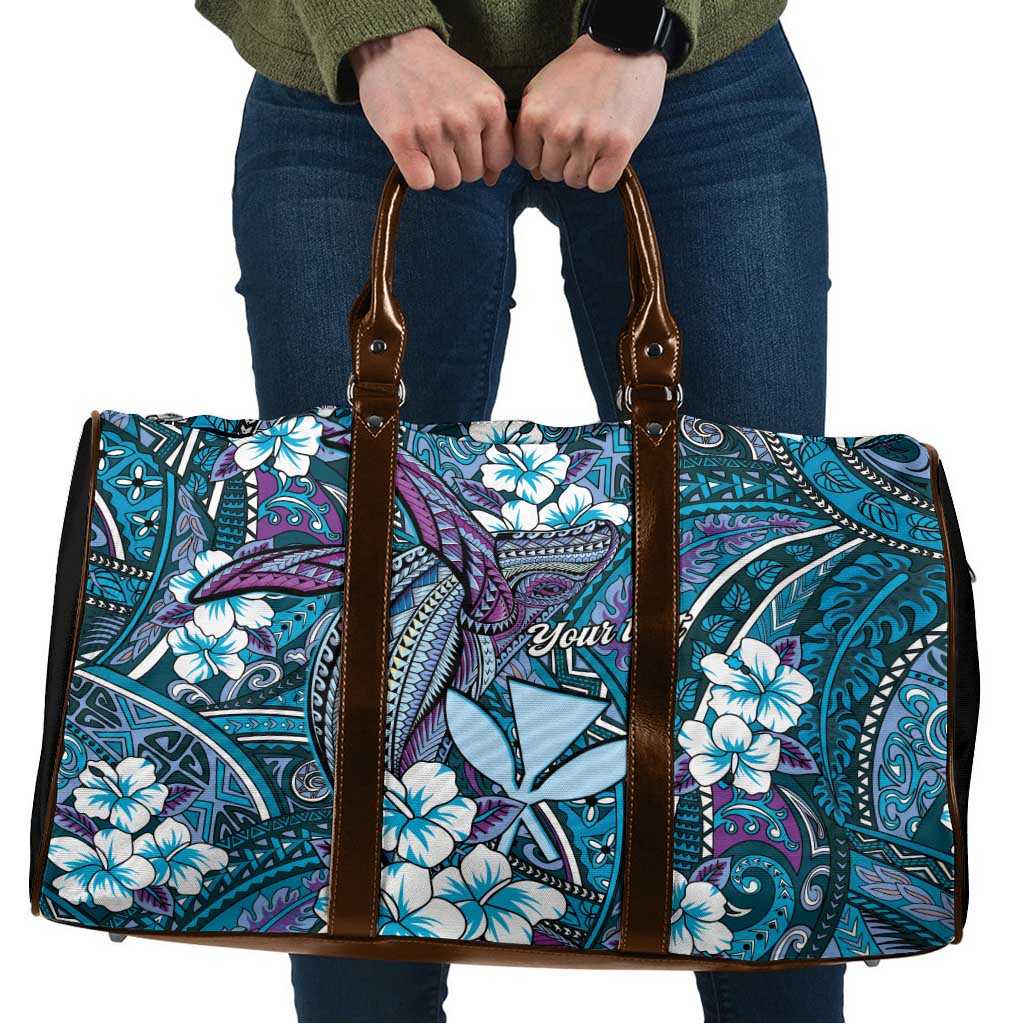 Personalised Hawaii Tribal Humpback Whale Travel Bag Polu Hibiscus Seamless Pattern