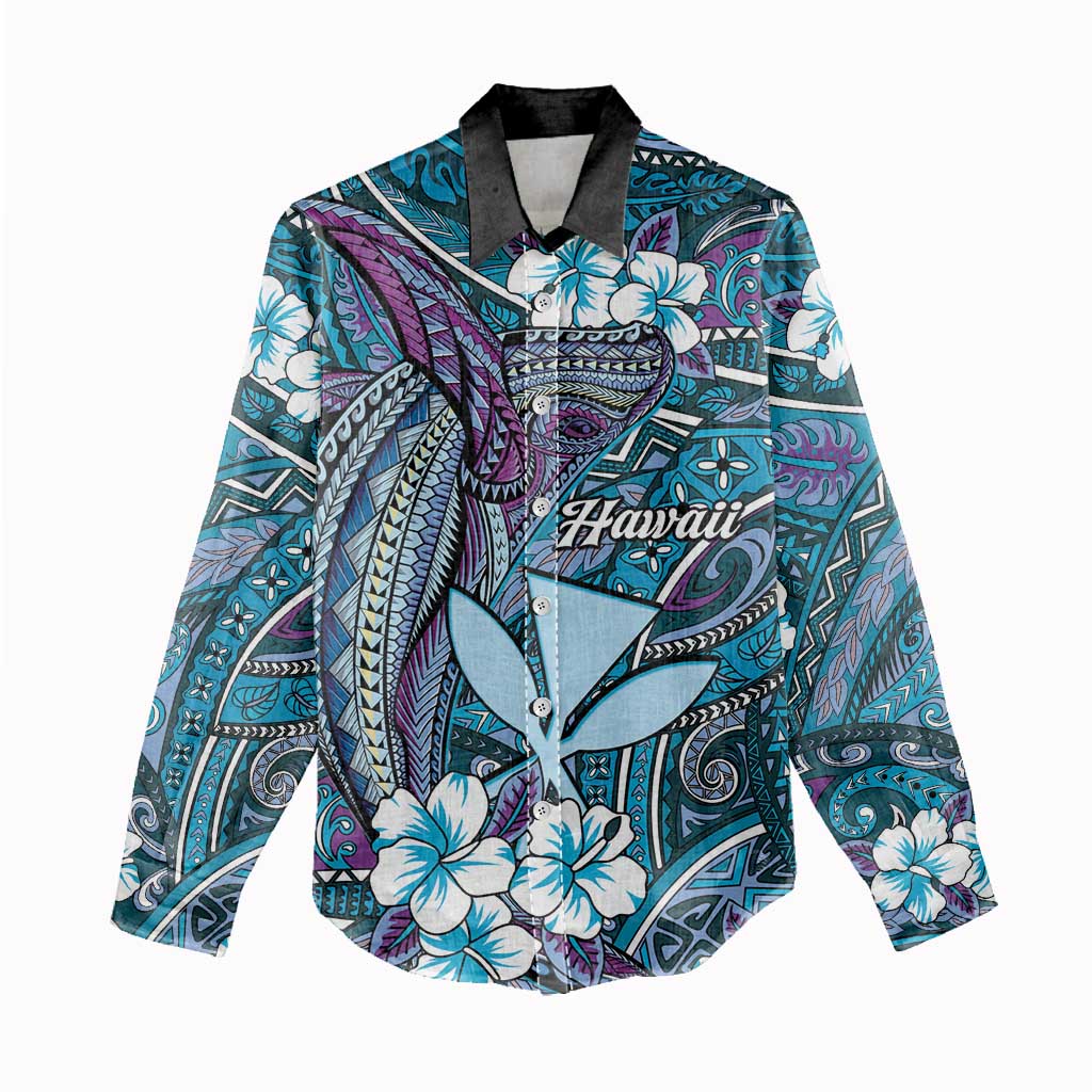Personalised Hawaii Tribal Humpback Whale Women Casual Shirt Polu Hibiscus Seamless Pattern