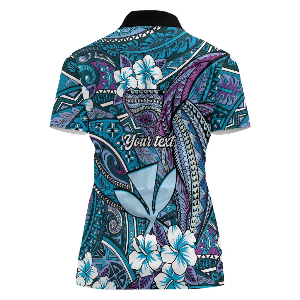 Personalised Hawaii Tribal Humpback Whale Women Polo Shirt Polu Hibiscus Seamless Pattern