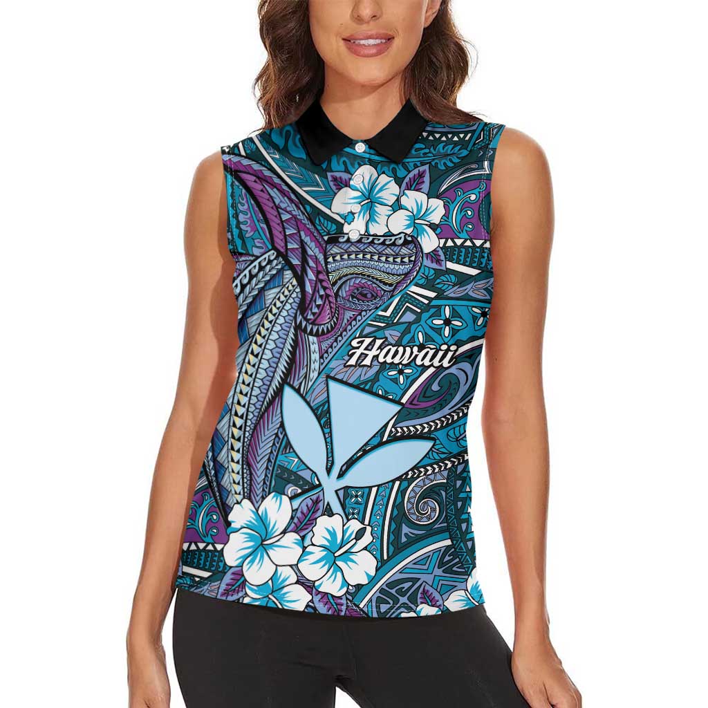 Personalised Hawaii Tribal Humpback Whale Women Sleeveless Polo Shirt Polu Hibiscus Seamless Pattern LT9 - Polynesian Pride