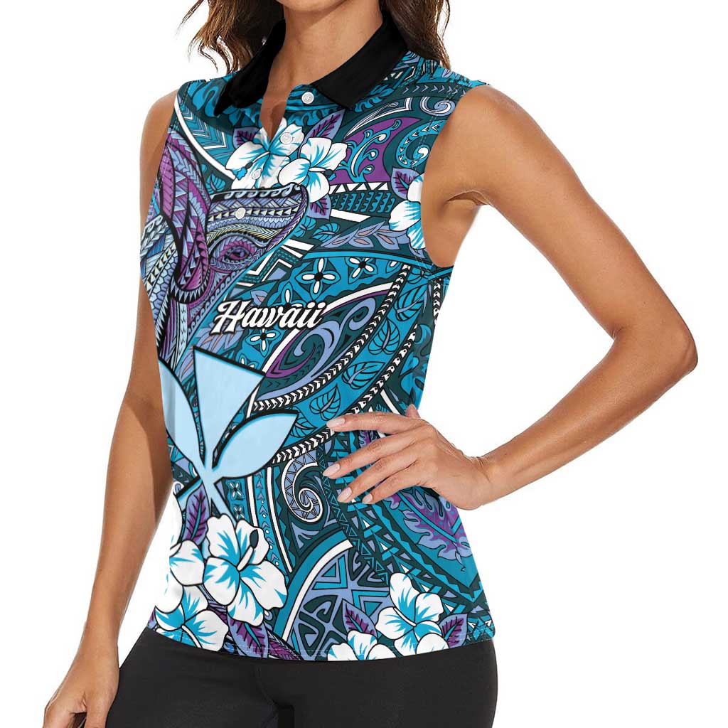 Personalised Hawaii Tribal Humpback Whale Women Sleeveless Polo Shirt Polu Hibiscus Seamless Pattern LT9 - Polynesian Pride