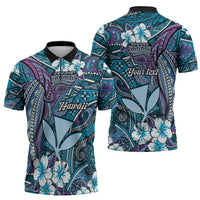 Personalised Hawaii Tribal Humpback Whale Zipper Polo Shirt Polu Hibiscus Seamless Pattern