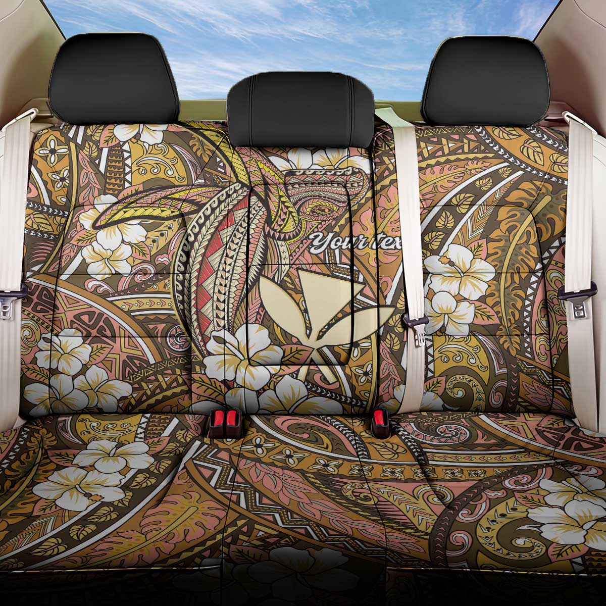 Personalised Hawaii Tribal Humpback Whale Back Car Seat Cover Melemele Hibiscus Seamless Pattern LT9 One Size Gold - Polynesian Pride