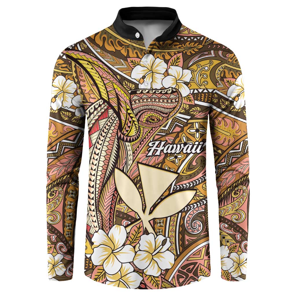 Personalised Hawaii Tribal Humpback Whale Button Sweatshirt Melemele Hibiscus Seamless Pattern