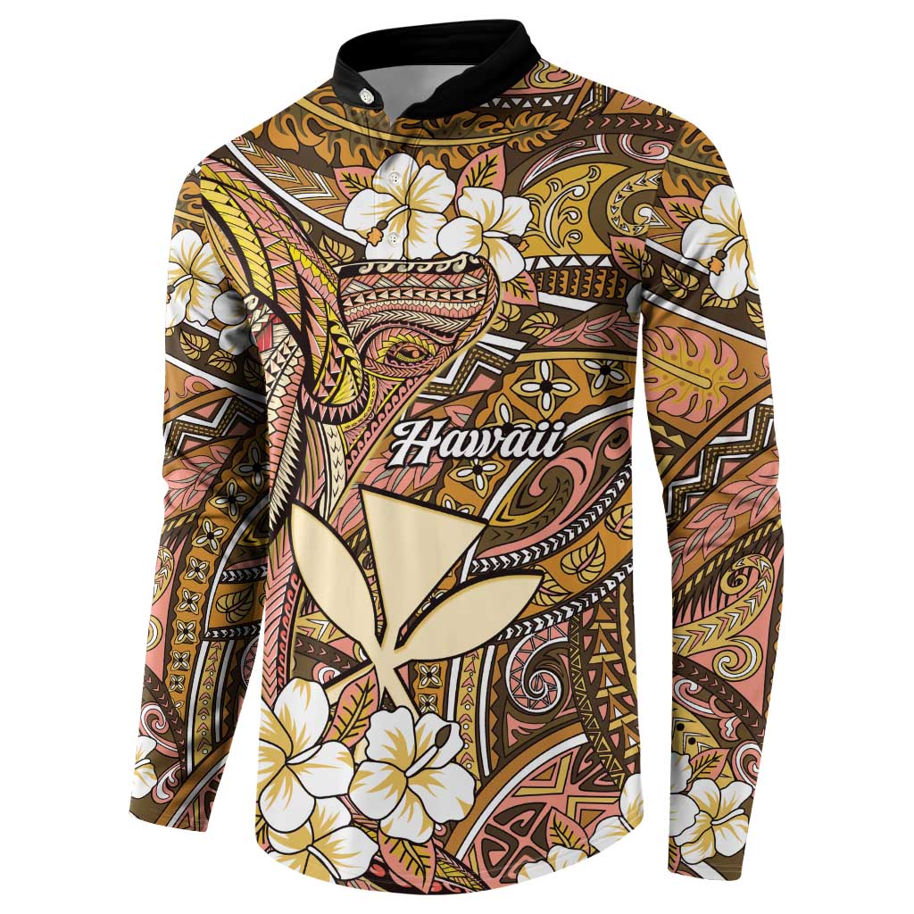 Personalised Hawaii Tribal Humpback Whale Button Sweatshirt Melemele Hibiscus Seamless Pattern