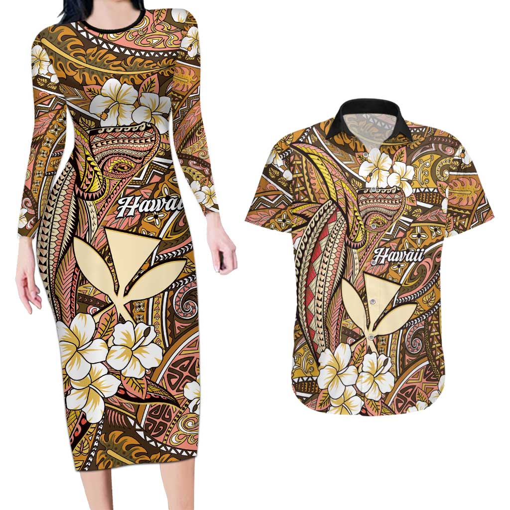 Personalised Hawaii Tribal Humpback Whale Couples Matching Long Sleeve Bodycon Dress and Hawaiian Shirt Melemele Hibiscus Seamless Pattern