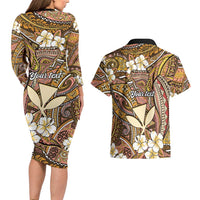 Personalised Hawaii Tribal Humpback Whale Couples Matching Long Sleeve Bodycon Dress and Hawaiian Shirt Melemele Hibiscus Seamless Pattern