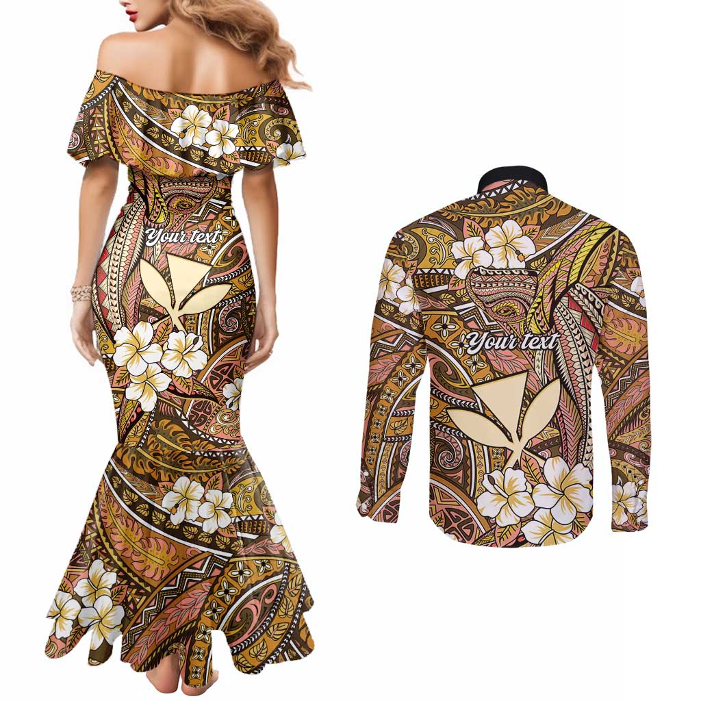 Personalised Hawaii Tribal Humpback Whale Couples Matching Mermaid Dress and Long Sleeve Button Shirt Melemele Hibiscus Seamless Pattern