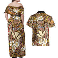 Personalised Hawaii Tribal Humpback Whale Couples Matching Off Shoulder Maxi Dress and Hawaiian Shirt Melemele Hibiscus Seamless Pattern