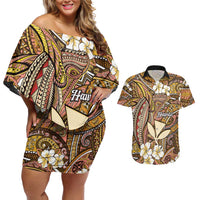 Personalised Hawaii Tribal Humpback Whale Couples Matching Off Shoulder Short Dress and Hawaiian Shirt Melemele Hibiscus Seamless Pattern