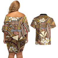 Personalised Hawaii Tribal Humpback Whale Couples Matching Off Shoulder Short Dress and Hawaiian Shirt Melemele Hibiscus Seamless Pattern