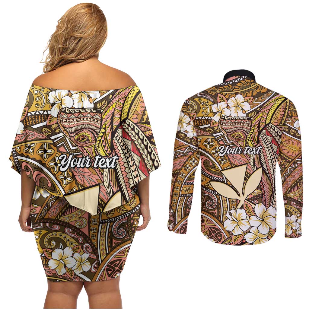 Personalised Hawaii Tribal Humpback Whale Couples Matching Off Shoulder Short Dress and Long Sleeve Button Shirt Melemele Hibiscus Seamless Pattern
