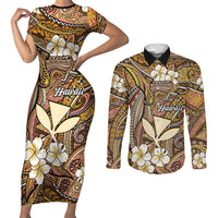 Personalised Hawaii Tribal Humpback Whale Couples Matching Short Sleeve Bodycon Dress and Long Sleeve Button Shirt Melemele Hibiscus Seamless Pattern