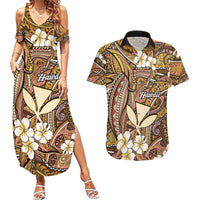 Personalised Hawaii Tribal Humpback Whale Couples Matching Summer Maxi Dress and Hawaiian Shirt Melemele Hibiscus Seamless Pattern