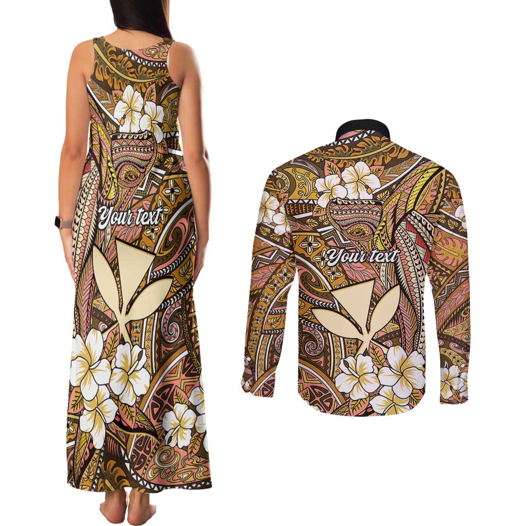 Personalised Hawaii Tribal Humpback Whale Couples Matching Tank Maxi Dress and Long Sleeve Button Shirt Melemele Hibiscus Seamless Pattern