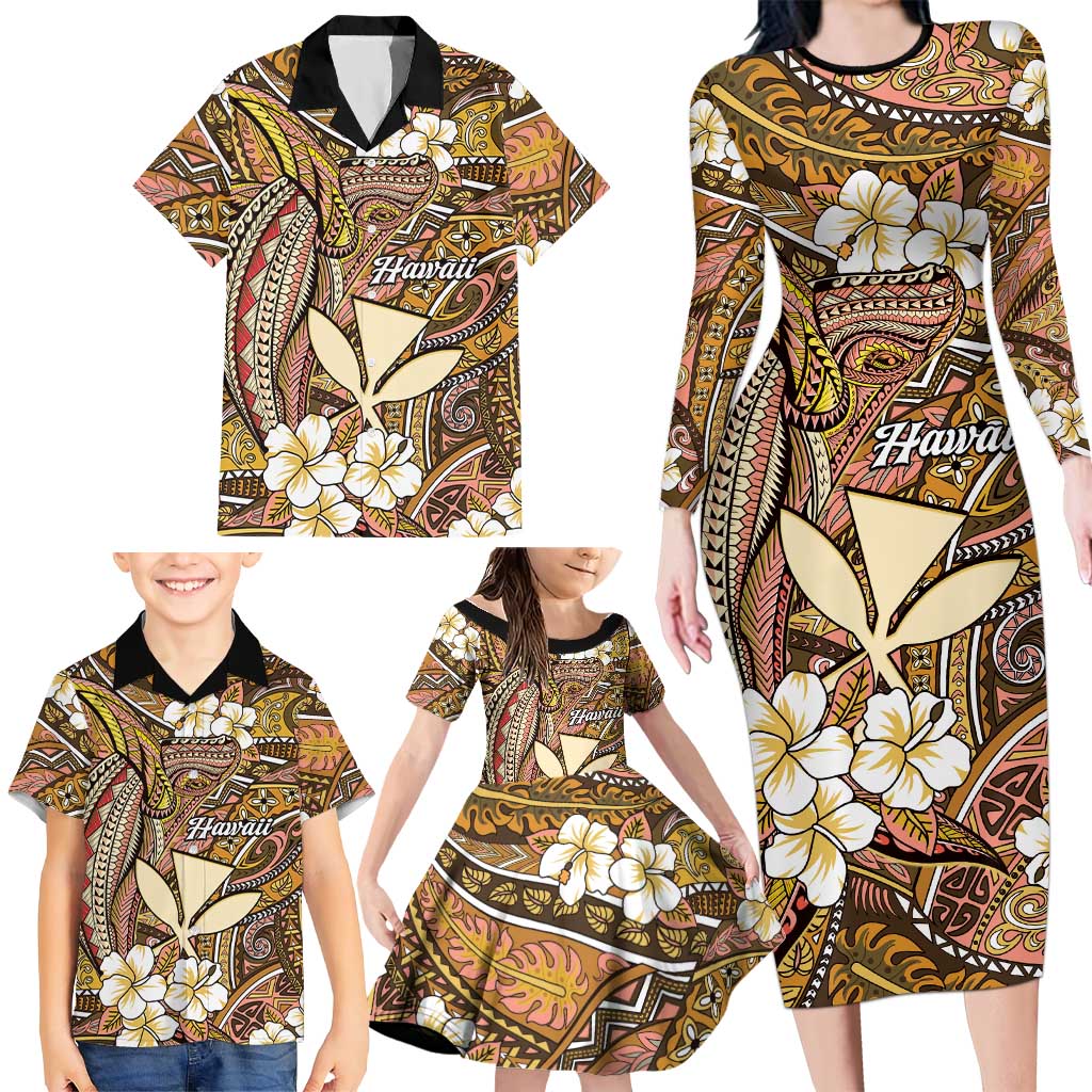 Personalised Hawaii Tribal Humpback Whale Family Matching Long Sleeve Bodycon Dress and Hawaiian Shirt Melemele Hibiscus Seamless Pattern