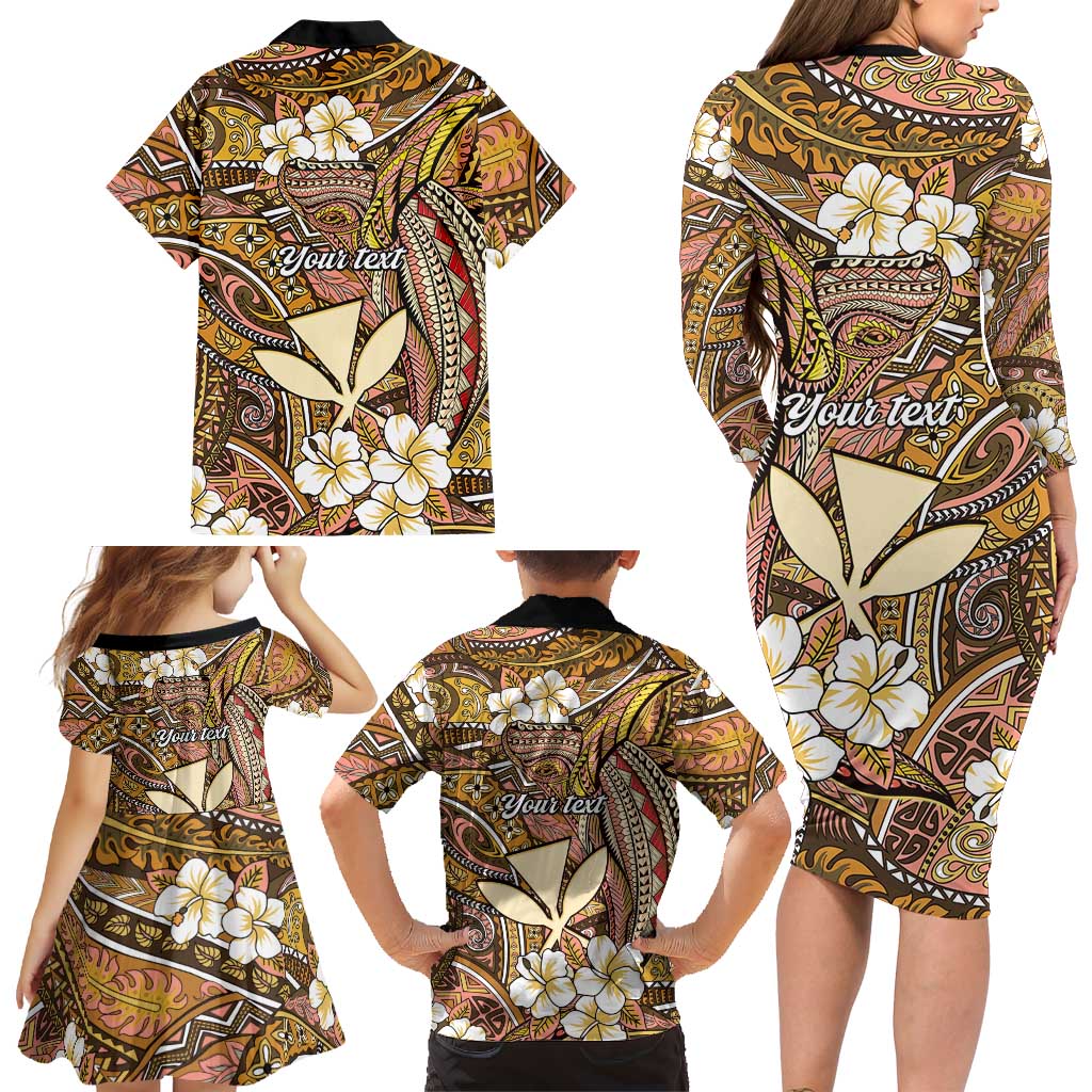Personalised Hawaii Tribal Humpback Whale Family Matching Long Sleeve Bodycon Dress and Hawaiian Shirt Melemele Hibiscus Seamless Pattern