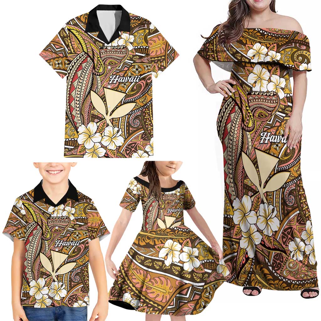 Personalised Hawaii Tribal Humpback Whale Family Matching Off Shoulder Maxi Dress and Hawaiian Shirt Melemele Hibiscus Seamless Pattern