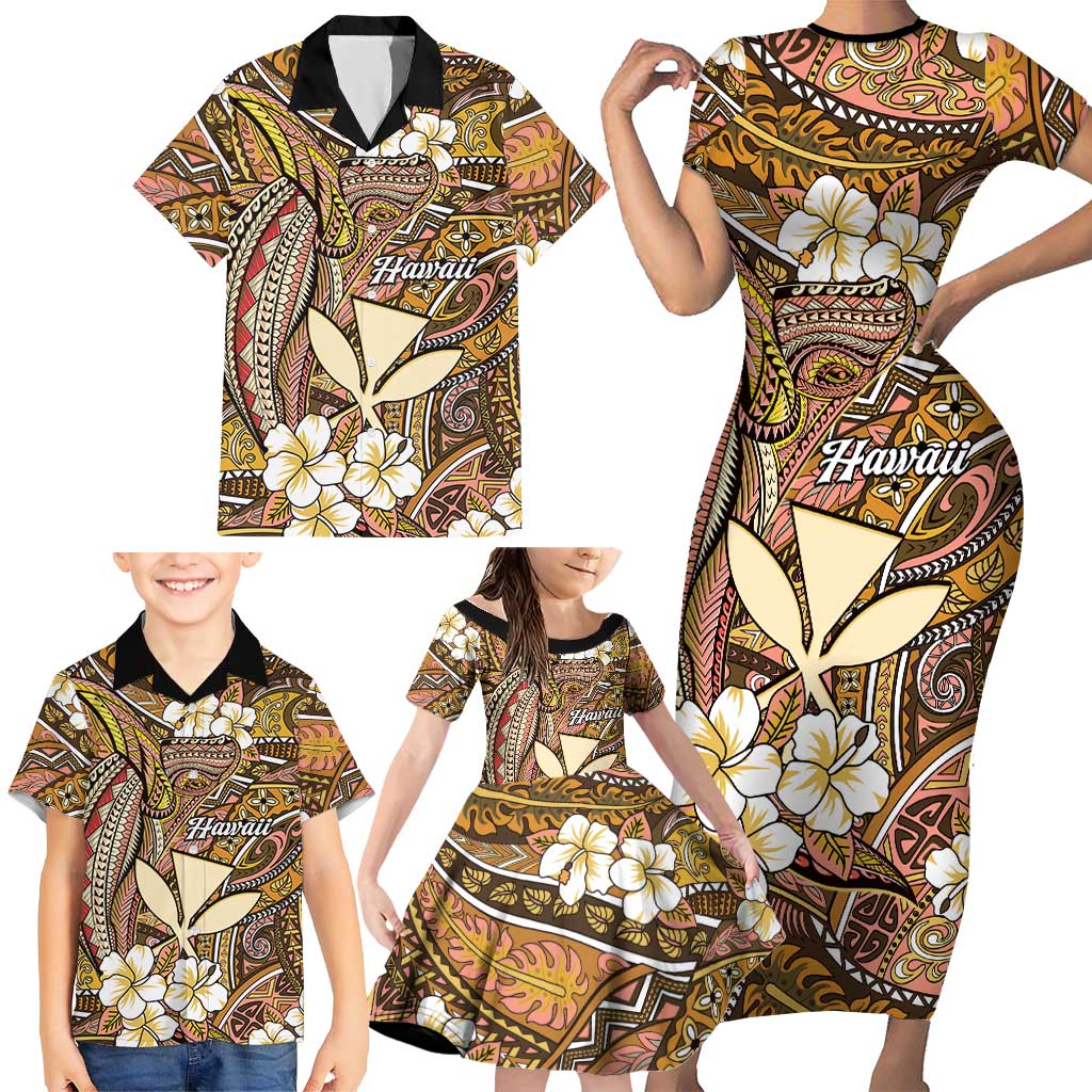Personalised Hawaii Tribal Humpback Whale Family Matching Short Sleeve Bodycon Dress and Hawaiian Shirt Melemele Hibiscus Seamless Pattern