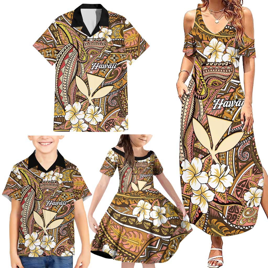 Personalised Hawaii Tribal Humpback Whale Family Matching Summer Maxi Dress and Hawaiian Shirt Melemele Hibiscus Seamless Pattern