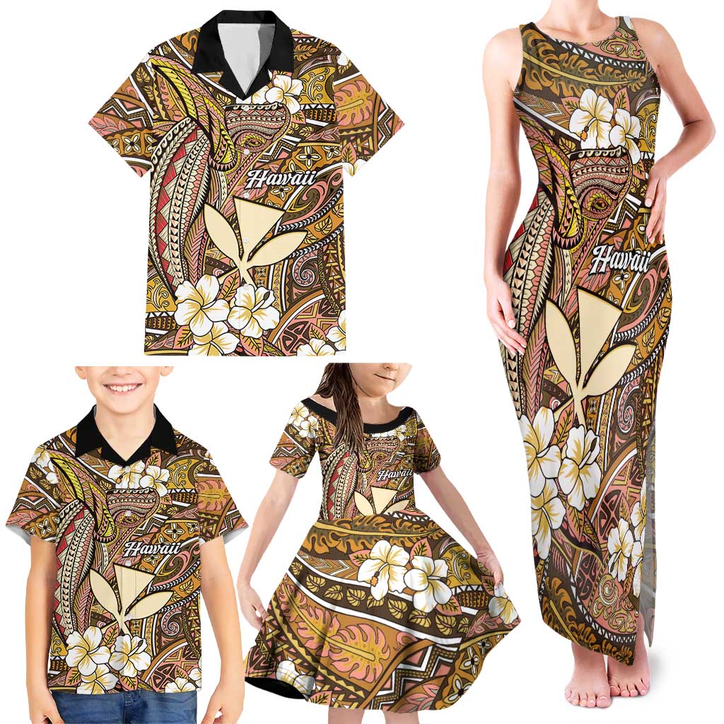 Personalised Hawaii Tribal Humpback Whale Family Matching Tank Maxi Dress and Hawaiian Shirt Melemele Hibiscus Seamless Pattern
