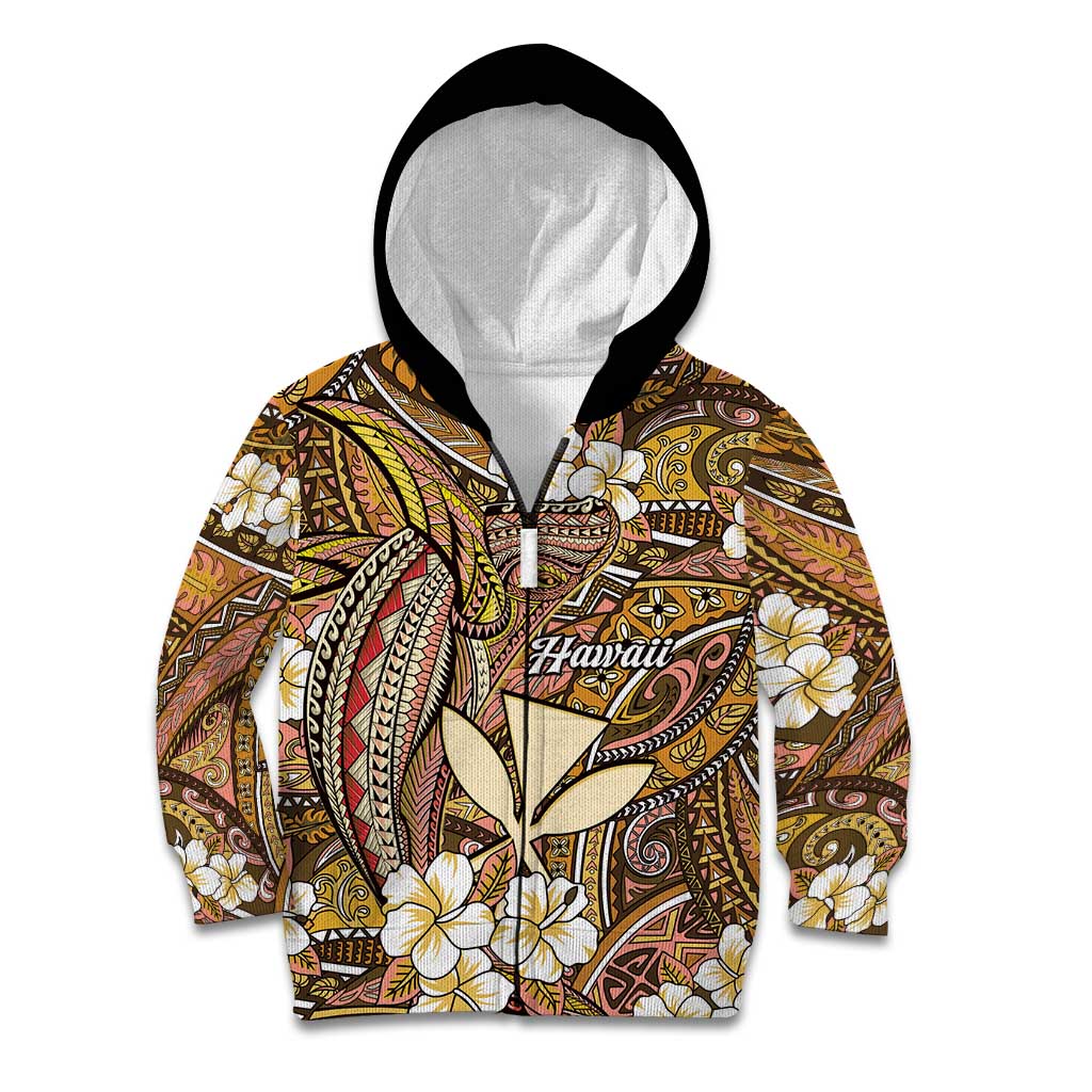 Personalised Hawaii Tribal Humpback Whale Kid Hoodie Melemele Hibiscus Seamless Pattern LT9 Zip Hoodie Gold - Polynesian Pride
