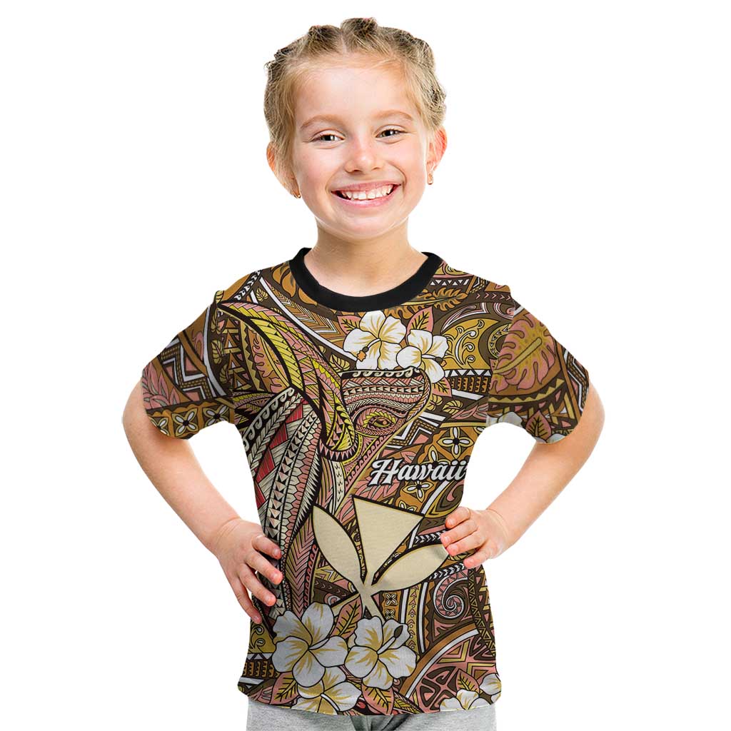 Personalised Hawaii Tribal Humpback Whale Kid T Shirt Melemele Hibiscus Seamless Pattern