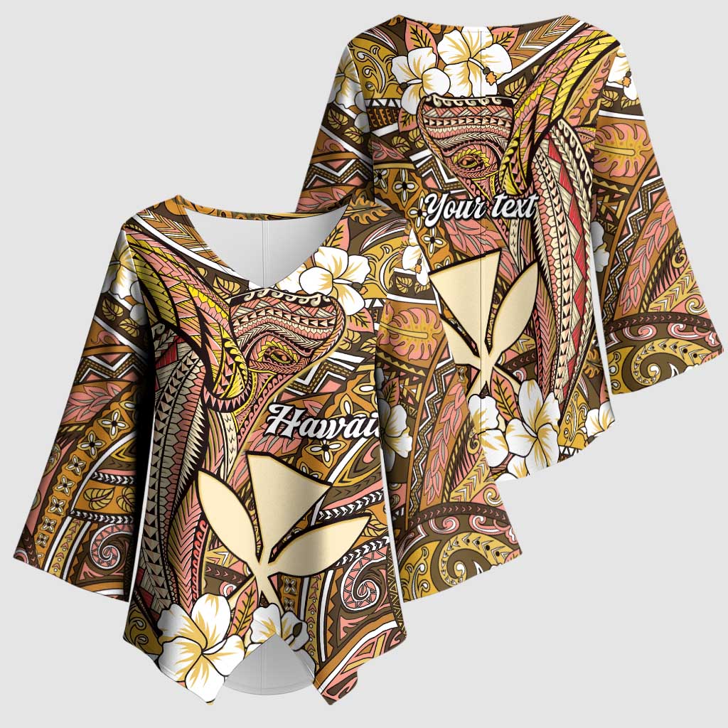 Personalised Hawaii Tribal Humpback Whale Kimono Sleeve Blouse Melemele Hibiscus Seamless Pattern
