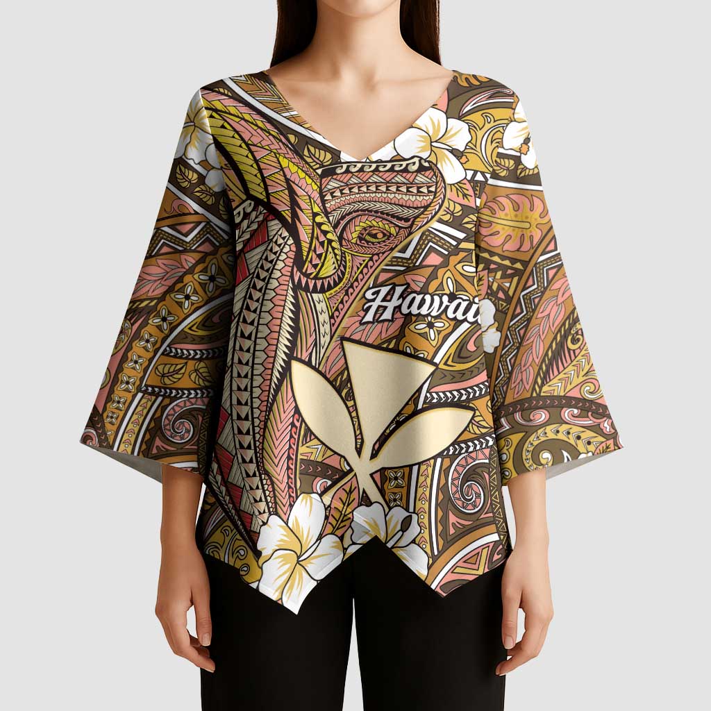 Personalised Hawaii Tribal Humpback Whale Kimono Sleeve Blouse Melemele Hibiscus Seamless Pattern