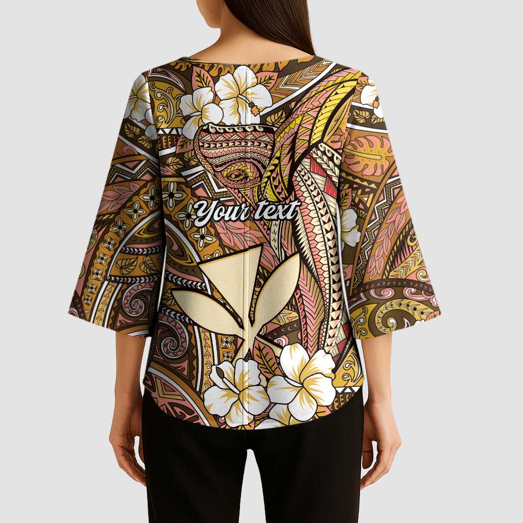 Personalised Hawaii Tribal Humpback Whale Kimono Sleeve Blouse Melemele Hibiscus Seamless Pattern