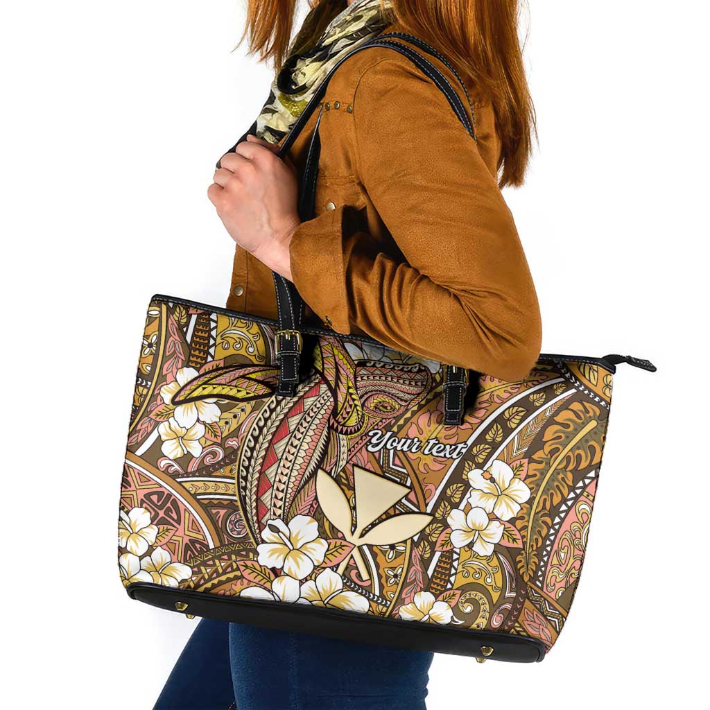 Personalised Hawaii Tribal Humpback Whale Leather Tote Bag Melemele Hibiscus Seamless Pattern LT9 Gold - Polynesian Pride