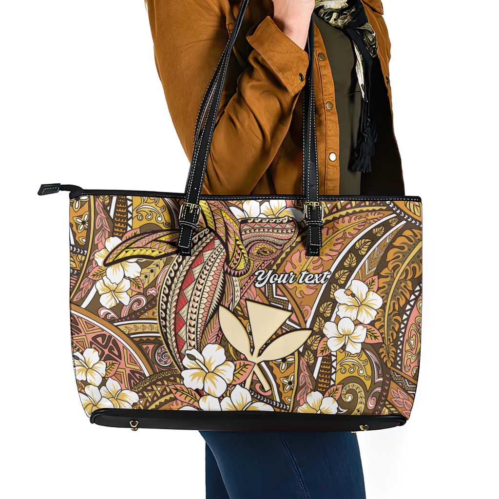 Personalised Hawaii Tribal Humpback Whale Leather Tote Bag Melemele Hibiscus Seamless Pattern LT9 - Polynesian Pride