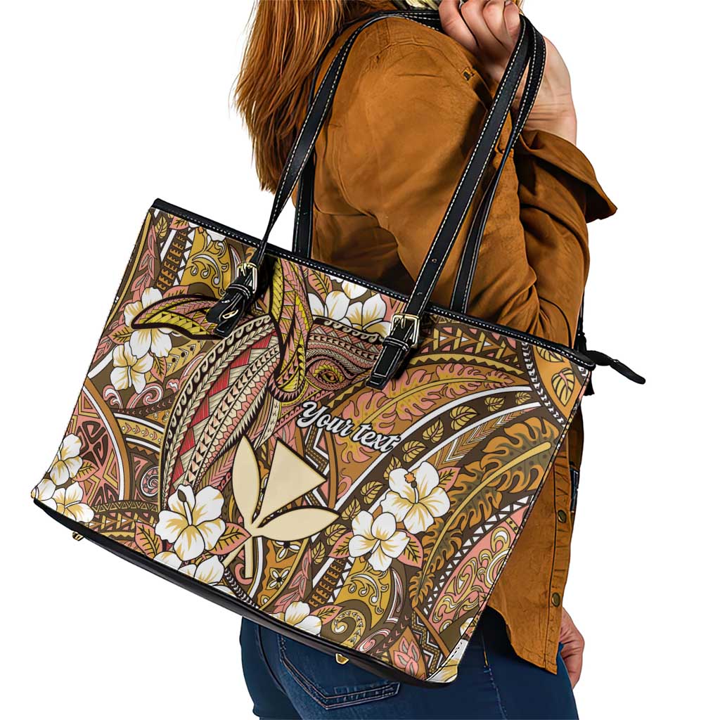Personalised Hawaii Tribal Humpback Whale Leather Tote Bag Melemele Hibiscus Seamless Pattern LT9 - Polynesian Pride