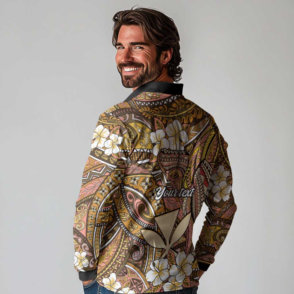 Personalised Hawaii Tribal Humpback Whale Long Sleeve Polo Shirt Melemele Hibiscus Seamless Pattern