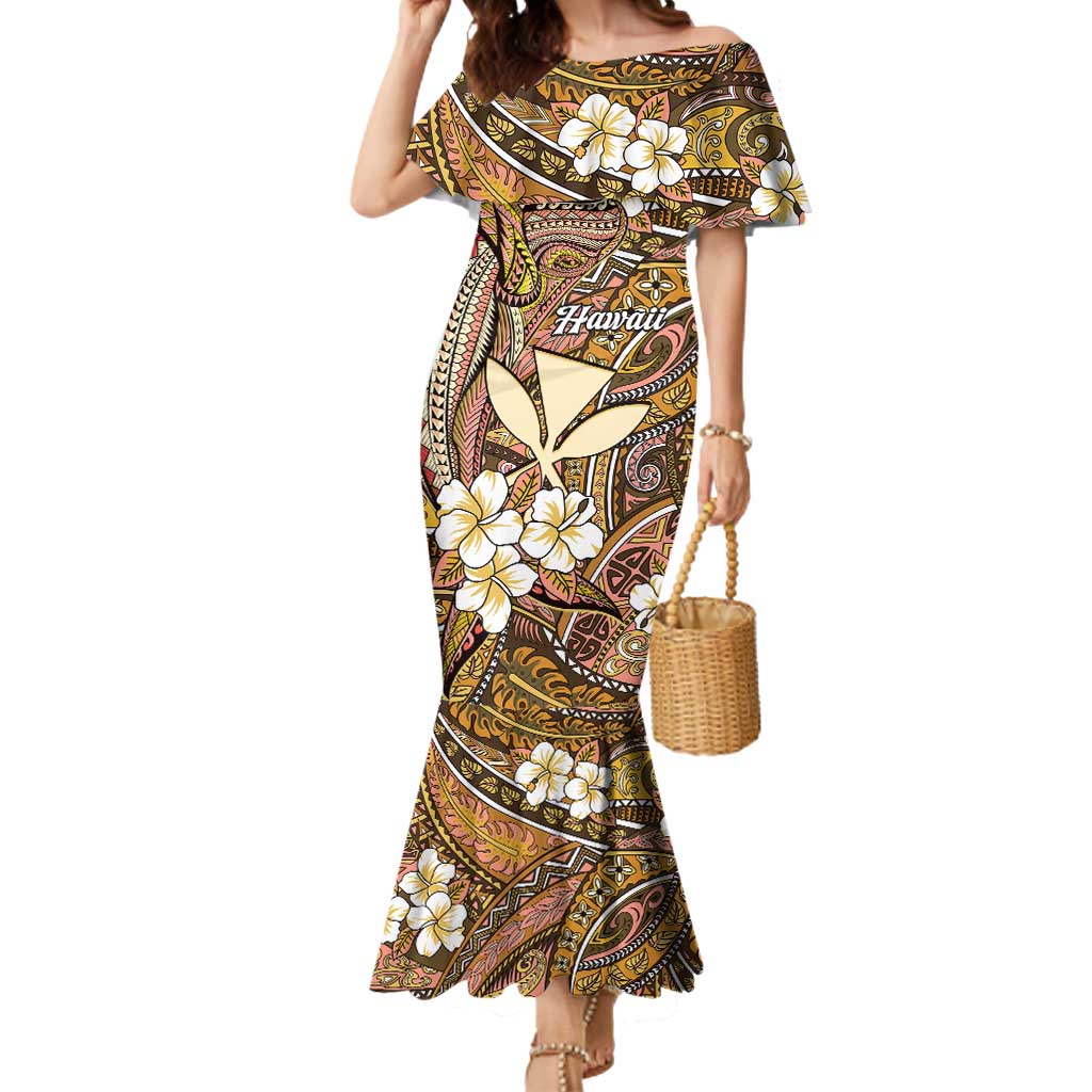 Personalised Hawaii Tribal Humpback Whale Mermaid Dress Melemele Hibiscus Seamless Pattern