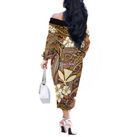 Personalised Hawaii Tribal Humpback Whale Off The Shoulder Long Sleeve Dress Melemele Hibiscus Seamless Pattern