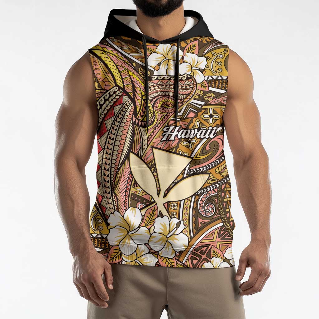 Personalised Hawaii Tribal Humpback Whale Sleeveless Hoodie Melemele Hibiscus Seamless Pattern