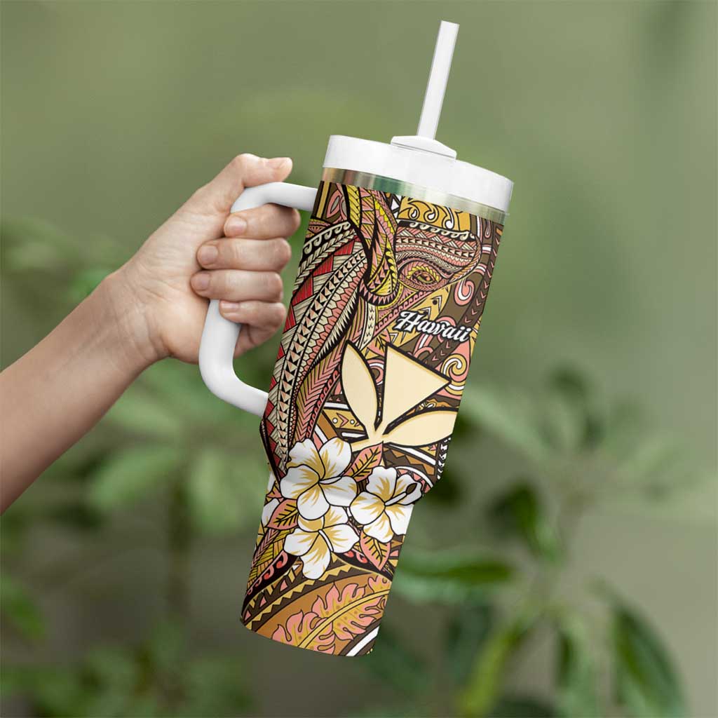 Personalised Hawaii Tribal Humpback Whale Tumbler With Handle Melemele Hibiscus Seamless Pattern LT9 - Polynesian Pride