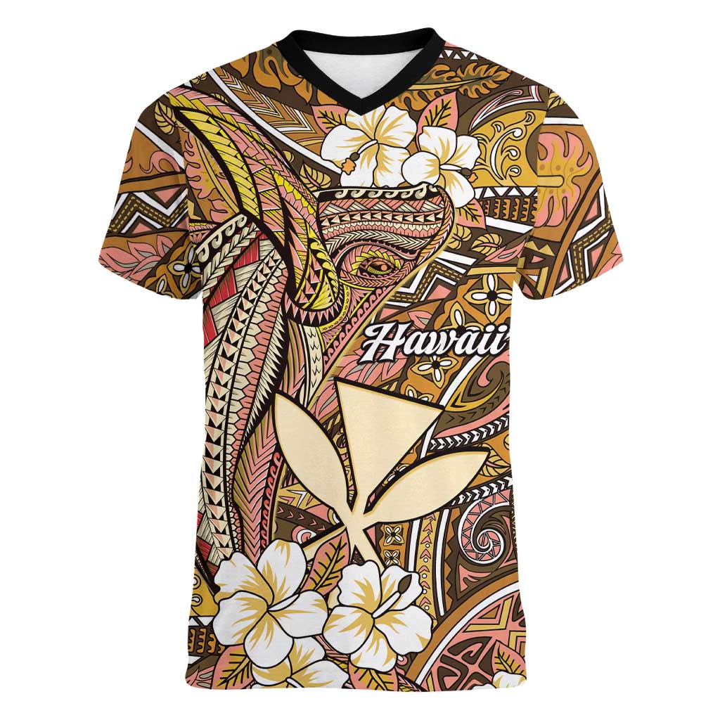 Personalised Hawaii Tribal Humpback Whale Women V-Neck T-Shirt Melemele Hibiscus Seamless Pattern LT9 Female Gold - Polynesian Pride