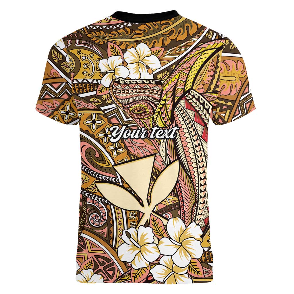 Personalised Hawaii Tribal Humpback Whale Women V-Neck T-Shirt Melemele Hibiscus Seamless Pattern LT9 - Polynesian Pride