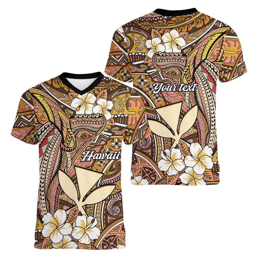 Personalised Hawaii Tribal Humpback Whale Women V-Neck T-Shirt Melemele Hibiscus Seamless Pattern LT9 - Polynesian Pride