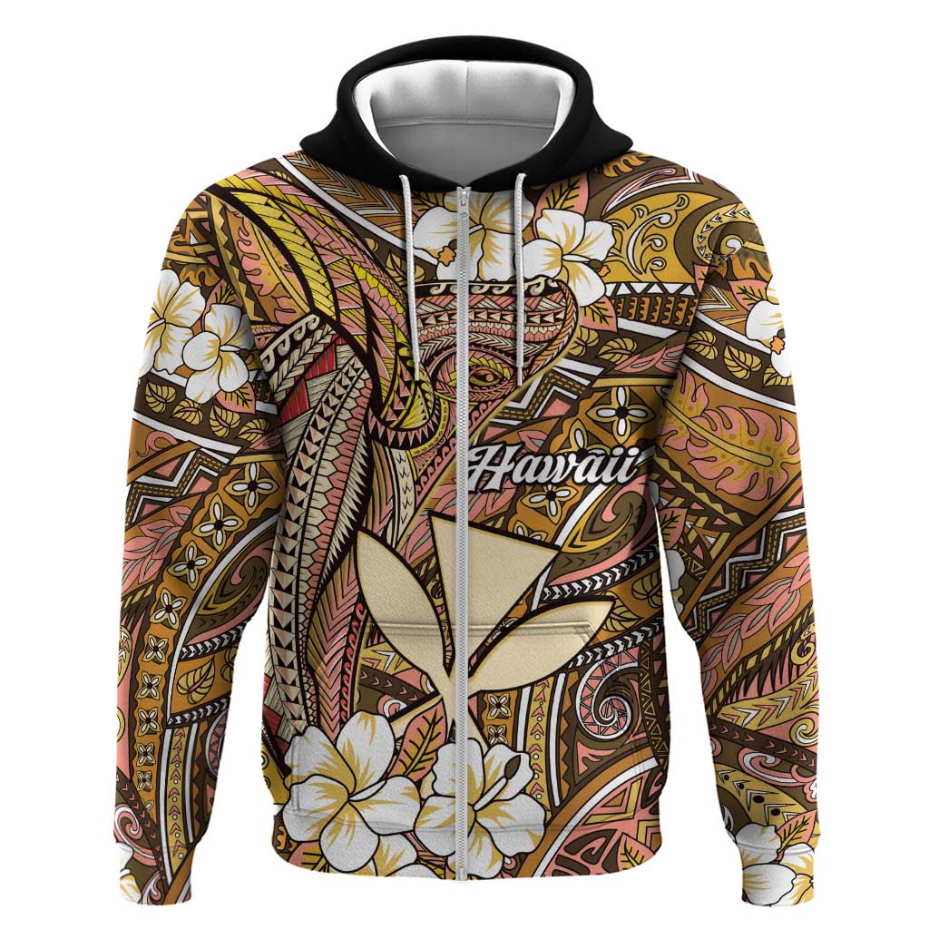 Personalised Hawaii Tribal Humpback Whale Zip Hoodie Melemele Hibiscus Seamless Pattern LT9 Zip Hoodie Gold - Polynesian Pride