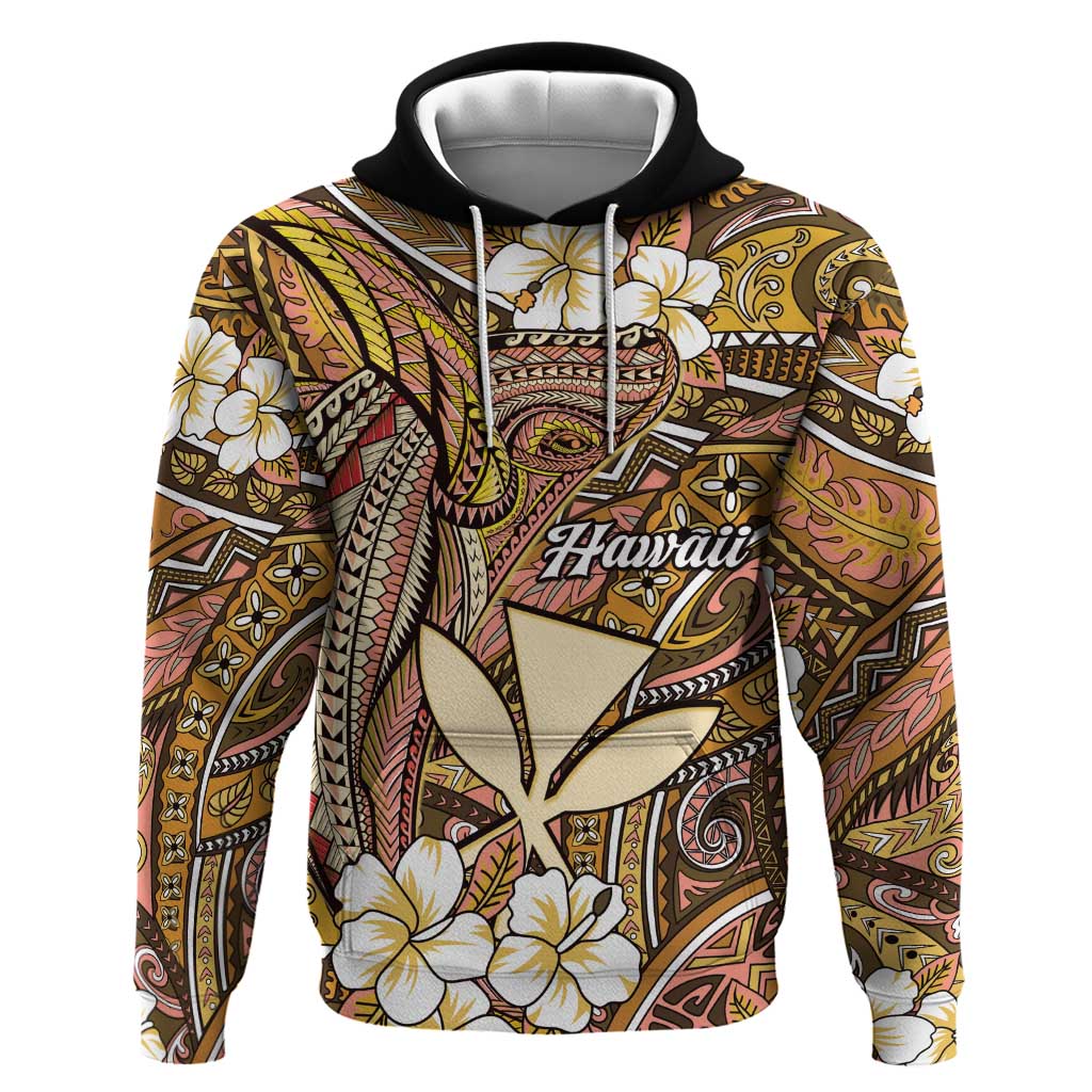 Personalised Hawaii Tribal Humpback Whale Zip Hoodie Melemele Hibiscus Seamless Pattern LT9 Pullover Hoodie Gold - Polynesian Pride