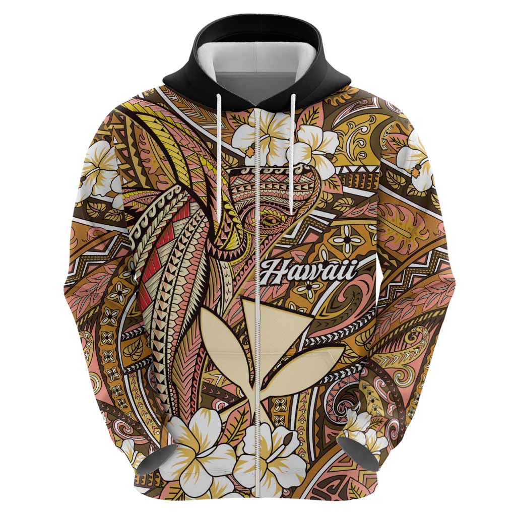 Personalised Hawaii Tribal Humpback Whale Zip Hoodie Melemele Hibiscus Seamless Pattern LT9 - Polynesian Pride