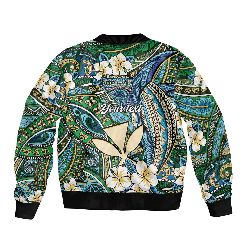 Personalised Hawaii Tribal Humpback Whale Bomber Jacket Omaomao Hibiscus Seamless Pattern
