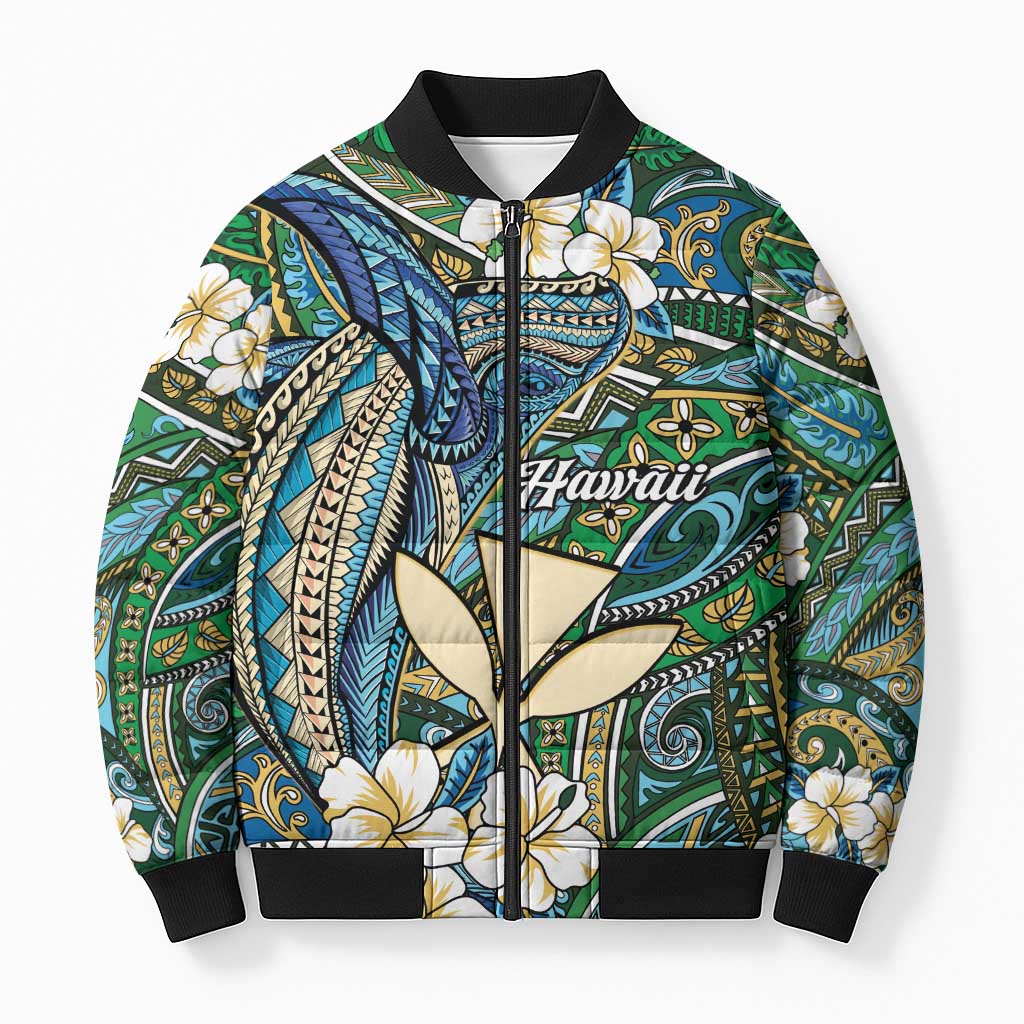 Personalised Hawaii Tribal Humpback Whale Bomber Puffer Jacket Omaomao Hibiscus Seamless Pattern