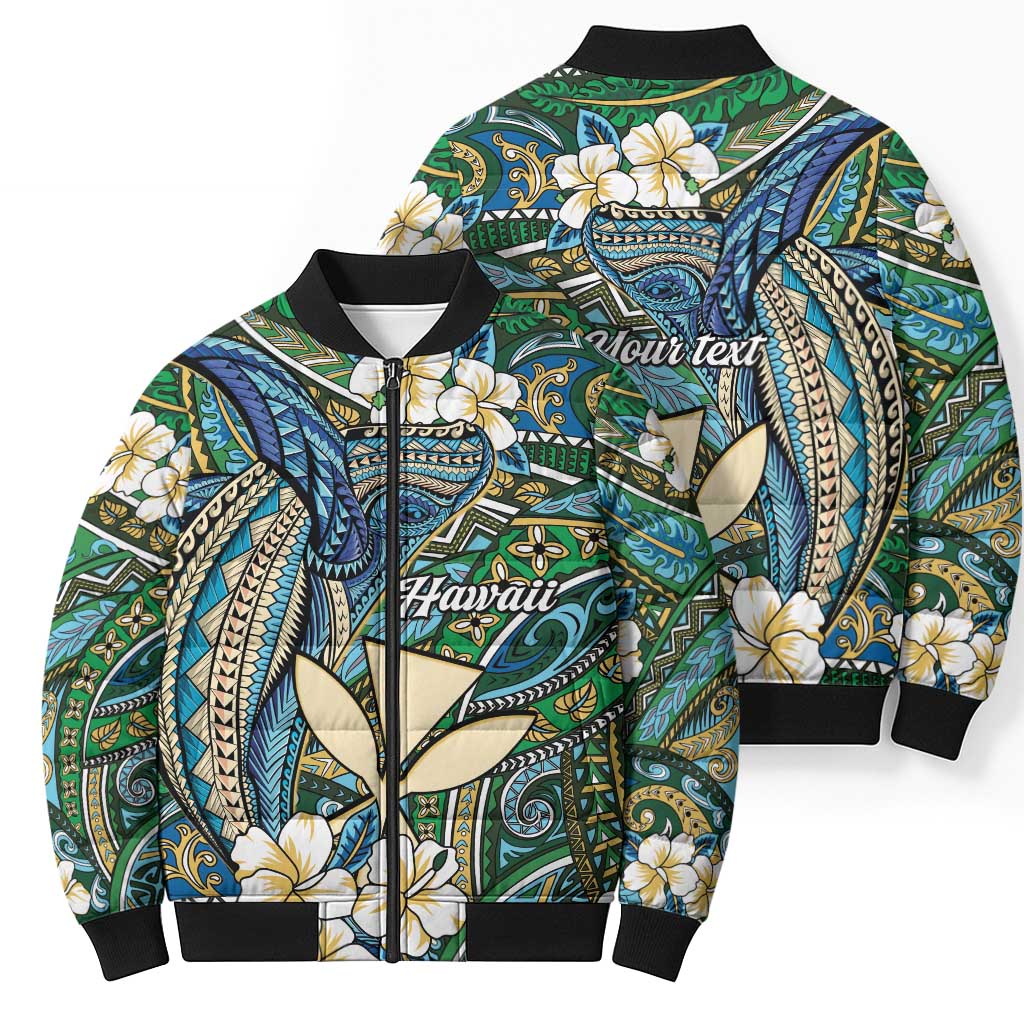 Personalised Hawaii Tribal Humpback Whale Bomber Puffer Jacket Omaomao Hibiscus Seamless Pattern