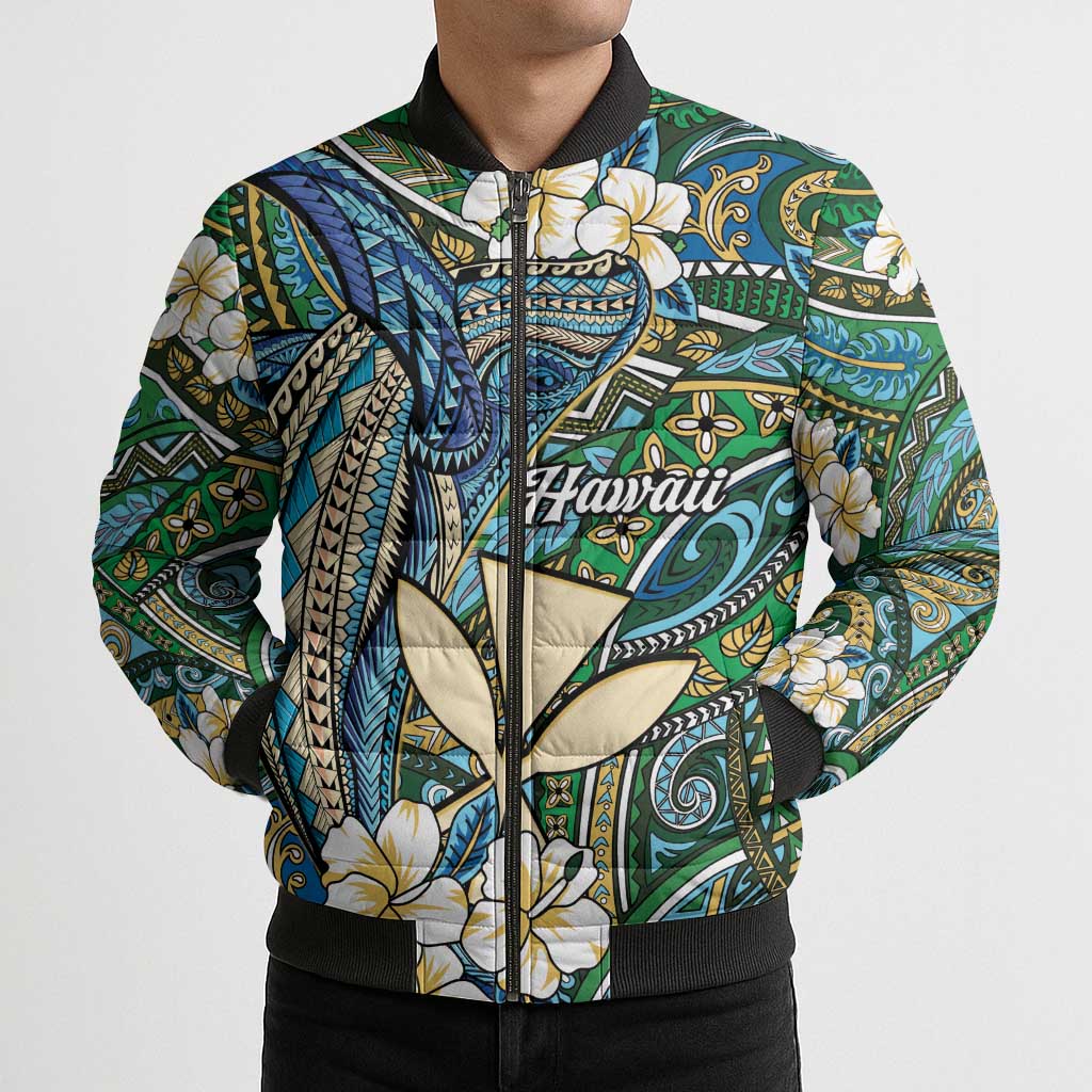 Personalised Hawaii Tribal Humpback Whale Bomber Puffer Jacket Omaomao Hibiscus Seamless Pattern